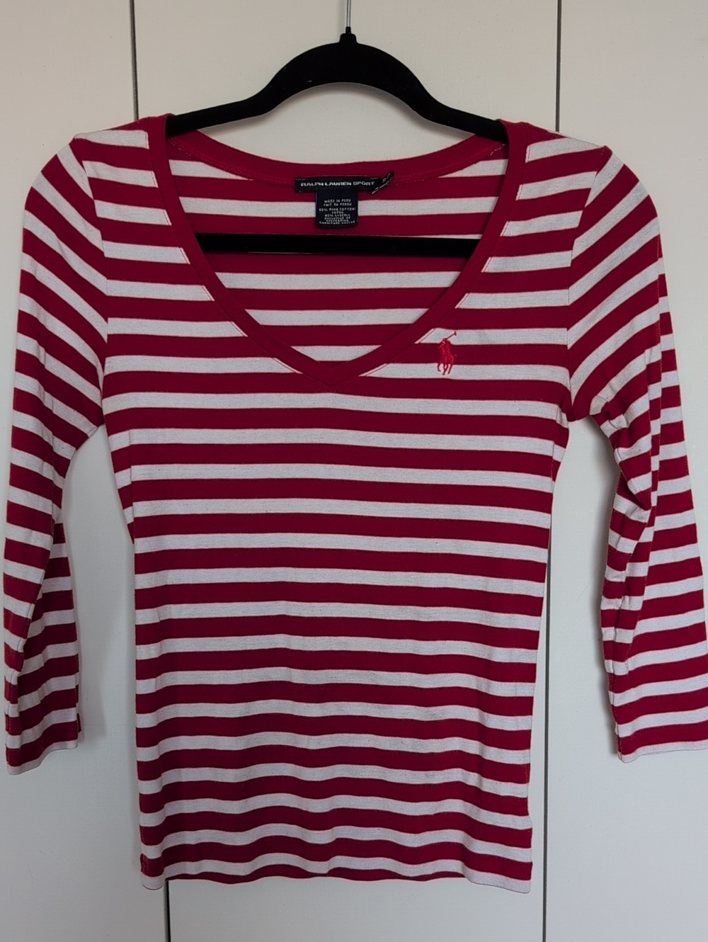 Ralph Lauren Red and White Striped V-Neck 3/4 Sleeve Top